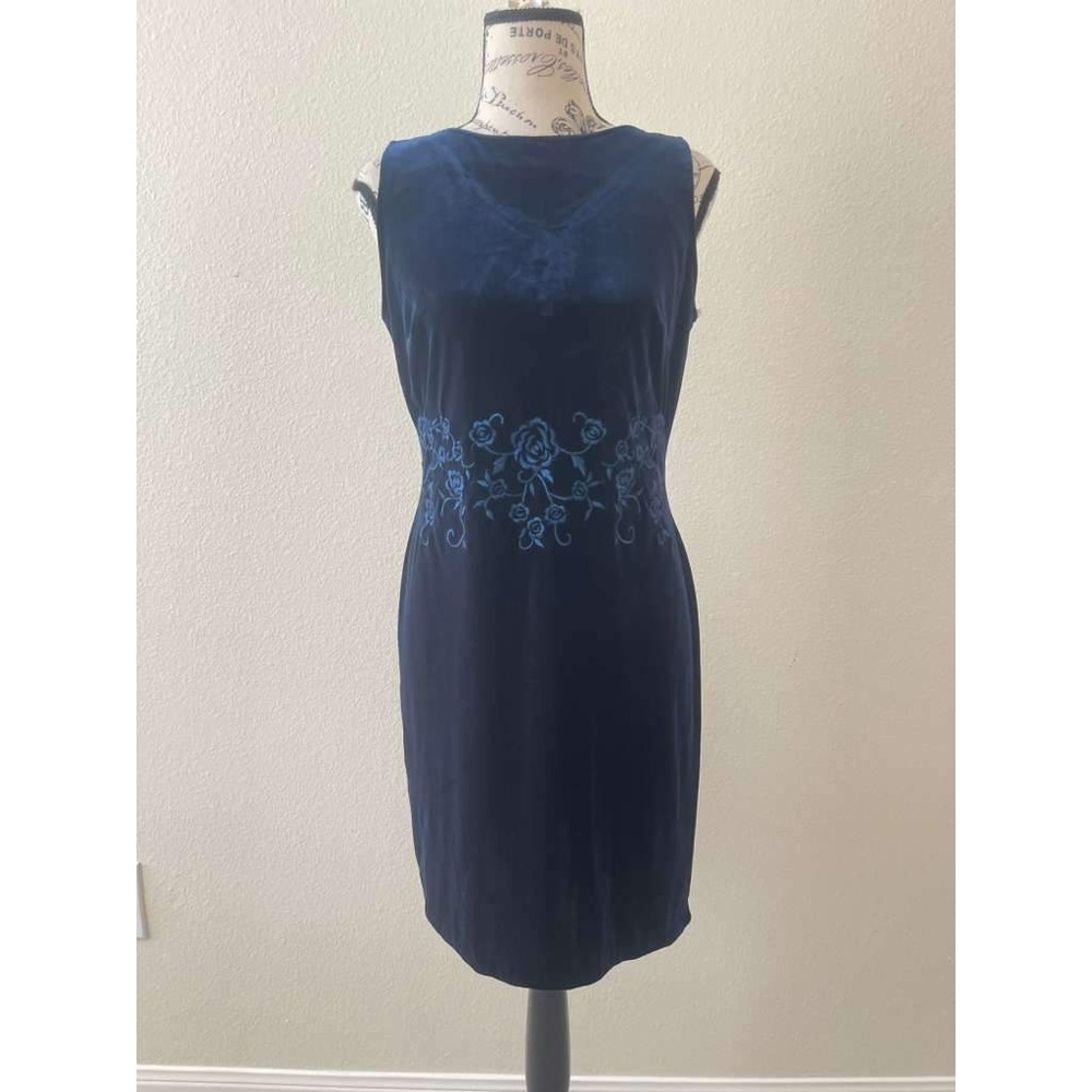Plaza South Womens Vintage 90s Navy Blue Velvet Floral Embroidered Sheath 6